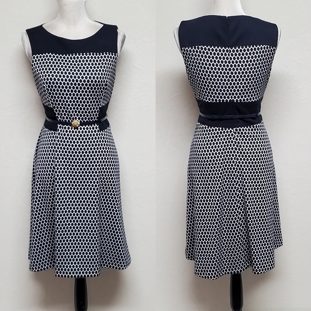 Anne Klein Navy Blue Wire Print Sleeveless Paneld Gold Lion Belted A-Line Dress